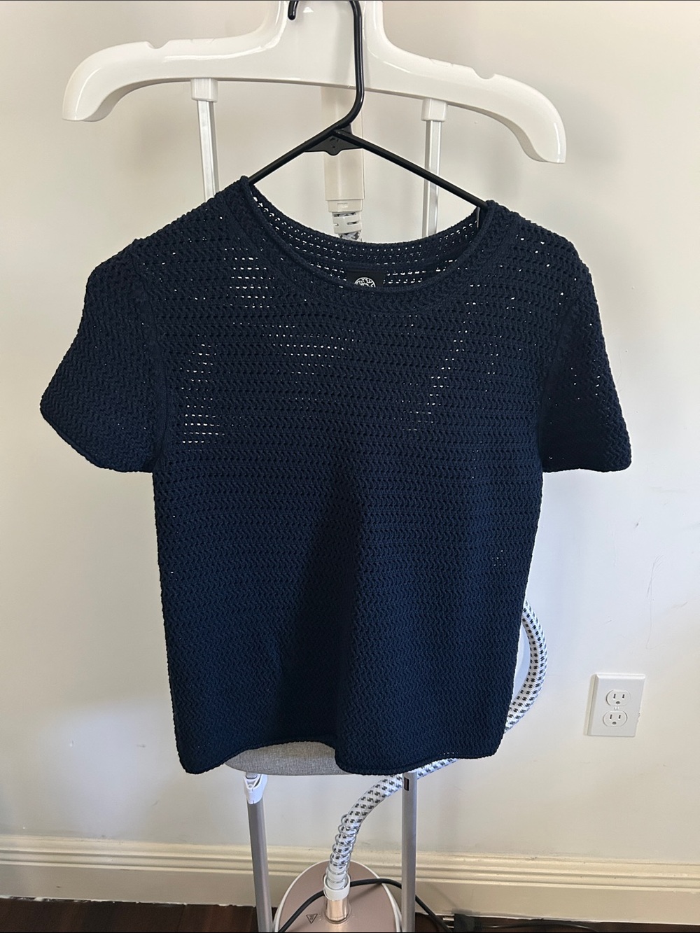 bobeau Navy Open Weave Short Sleeve Tee